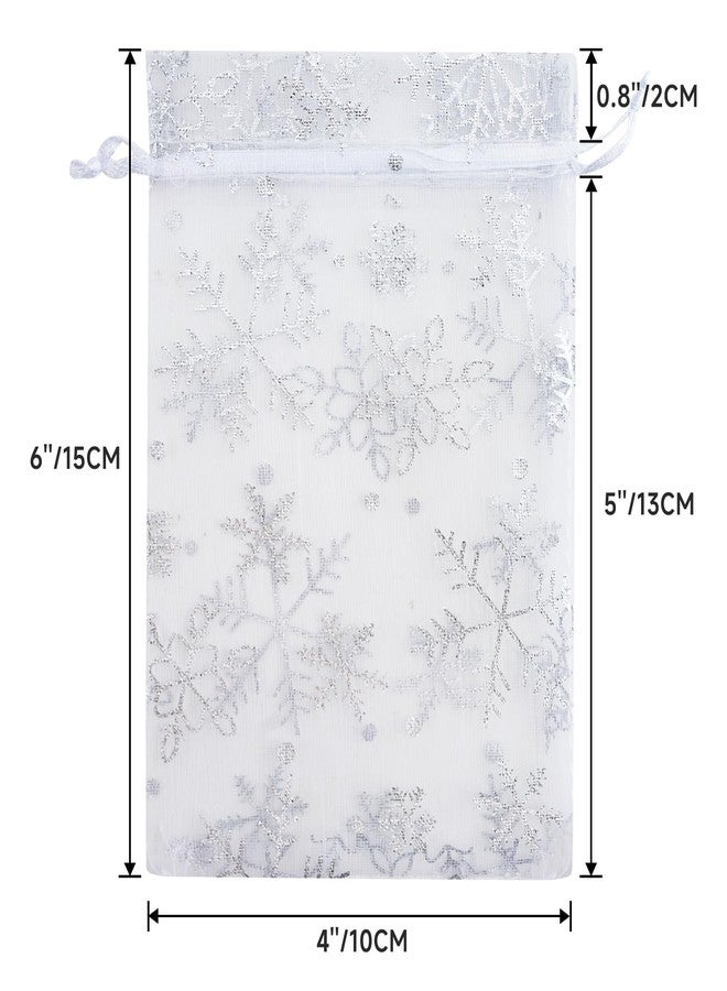 g2 بلس أكياس أورجانزا برباط من G2PLUS لعيد الميلاد، 4 × 6 - 50 قطعة، أكياس هدايا أورجانزا مزينة برقاقات الثلج، أكياس شبكية بيضاء شفافة، أكياس شبكية شفافة لعيد الميلاد الشتوي للمجوهرات والحلوى والهدايا - Image 2